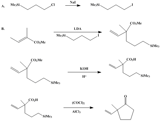 Reaction equation for CYCLOPENTANONES FROM CARBOXYLIC ACIDS VIA INTRAMOLECULAR ACYLATION OF ALKYLSILANES: 2-METHYL-2-VINYLCYCLOPENTANONE (Cyclopentanone, 2-ethenyl-2-methyl-)