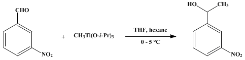 Reaction equation for 3'-NITRO-1-PHENYLETHANOL BY ADDITION OF METHYLTRIISOPROPOXYTITANIUM TO m-NITROBENZALDEHYDE (Benzenemethanol, α-methyl-3-nitro-)