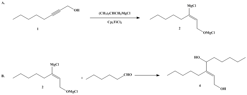 Reaction equation for HYDROMAGNESIATION REACTION OF PROPARGYLIC ALCOHOLS: (E)-3-PENTYL-2-NONENE-1,4-DIOL FROM 2-OCTYN-1-OL