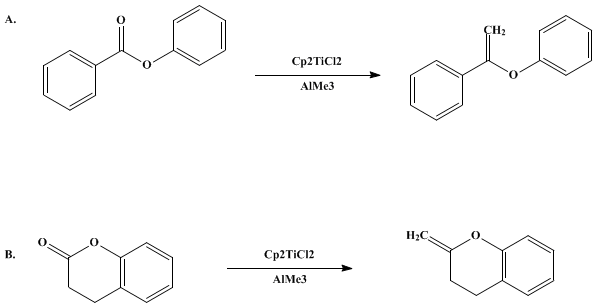 Reaction equation for ENOL ETHERS BY METHYLENATION OF ESTERS: 1-PHENOXY-1-PHENYLETHENE AND 3,4-DIHYDRO-2-METHYLENE-2H-1-BENZOPYRAN (Ether, phenyl 1-phenylvinyl and 2H-1-benzopyran, 3,4-dihydro-2-methylene-)