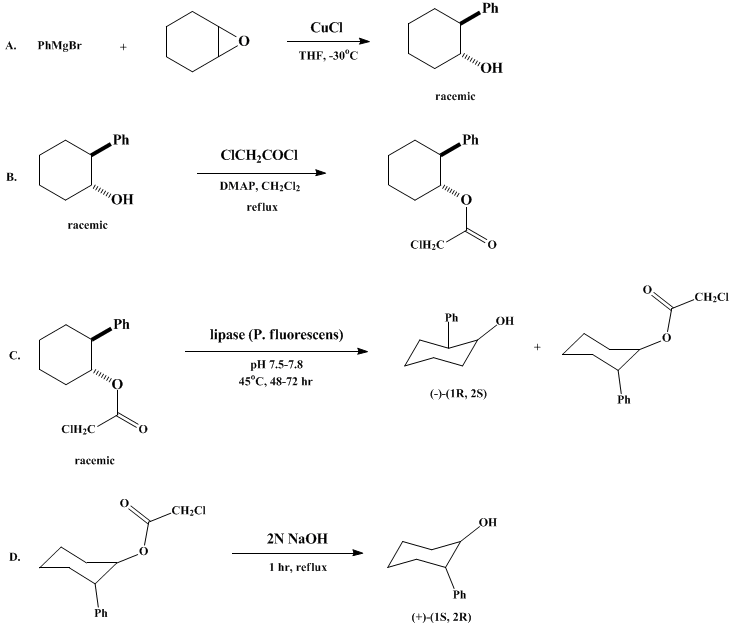 Reaction equation for LIPASE-CATALYZED KINETIC RESOLUTION OF ALCOHOLS VIA CHLOROACETATE ESTERS: (−)-(1R,2S)-trans-2-PHENYLCYCLOHEXANOL AND (+)-(1S,2R)-trans-2-PHENYLCYCLOHEXANOL (Cyclohexanol, 2-phenyl-, (1R-trans)- and cyclohexanol, 2-phenyl-, (1S-trans)-)