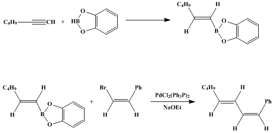 Reaction equation for PALLADIUM-CATALYZED REACTION OF 1-ALKENYLBORONATES WITH VINYLIC HALIDES: (1Z,3E)-1-PHENYL-1,3-OCTADIENE (Benzene, 1,3-octadienyl-, (Z,E)-)