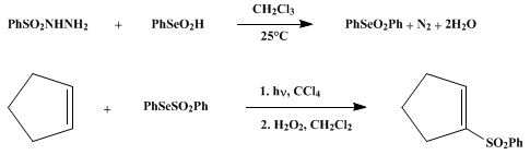 Reaction equation for DIENOPHILE ACTIVATION VIA SELENOSULFONATION: 1-(PHENYLSULFONYL)CYCLOPENTENE (Benzene, (1-cyclopenten-1-ylsulfonyl)-)