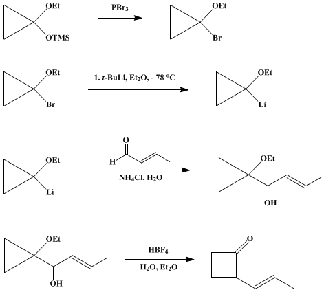 Reaction equation for SYNTHESIS OF CYCLOBUTANONES VIA 1-BROMO-1-ETHOXYCYCLOPROPANE: (E)-2-(1-PROPENYL)CYCLOBUTANONE (Cyclobutanone, 2-(1-propenyl)-, (E)-)