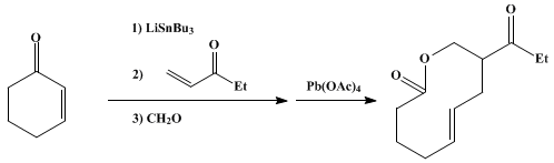 Reaction equation for A GENERAL METHOD FOR THE PREPARATION OF 9-, 10-, AND 11-MEMBERED UNSATURATED MACROLIDES: SYNTHESIS OF 8-PROPIONYL-(E)-5-NONENOLIDE (2H-Oxecin-2-one, 3,4,5,8,9,10-hexahydro-9-(1-oxopropyl)-, (E)-)
