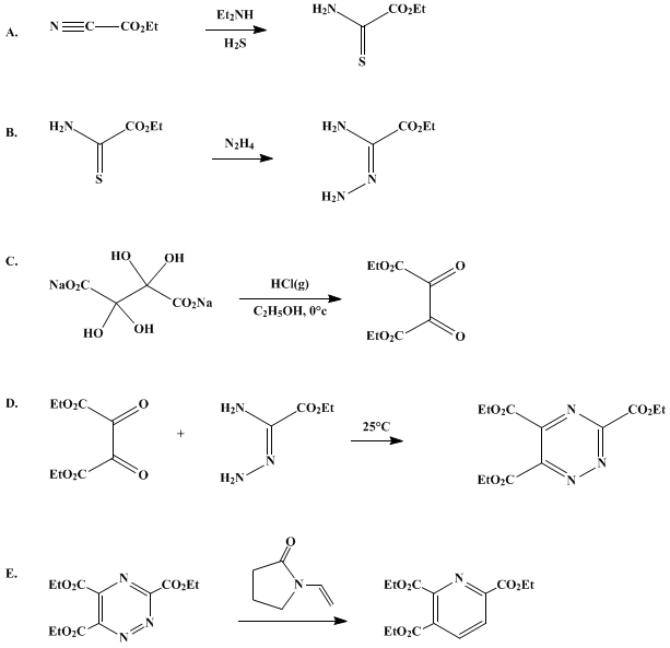 Reaction equation for PREPARATION AND INVERSE-ELECTRON-DEMAND DIELS–ALDER REACTION OF AN ELECTRON-DEFICIENT HETEROCYCLIC AZADIENE: TRIETHYL 1,2,4-TRIAZINE-3,5,6-TRICARBOXYLATE AND 2,3,6-TRICARBOETHOXYPYRIDINE (1,2,4-Triazine-3,5,6-tricarboxylic acid, triethyl ester)