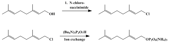 Reaction equation for TRISAMMONIUM GERANYL DIPHOSPHATE (Diphosphoric acid, mono(3,7-dimethyl-2,6-octadienyl) ester (E)-, trisammonium salt)