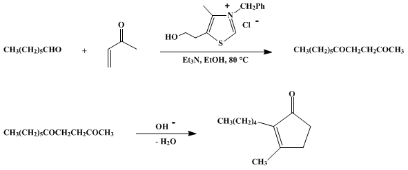 Reaction equation for THE STETTER REACTION: 2,5-UNDECANEDIONE AND 3-METHYL-2-PENTYL-2-CYCLOPENTEN-1-ONE (DIHYDROJASMONE) (2-Cyclopenten-1-one, 3-methyl-2-pentyl-)