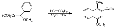 Reaction equation for SYNTHESIS OF 2-SUBSTITUTED NAPHTHALENEDIOL DERIVATIVES USING CHROMIUM CARBENE COMPLEXES: 1-ACETOXY-2-BUTYL-4-METHOXYNAPHTHALENE (1-Naphthalenol, 2-butyl-4-methoxy-, acetate)