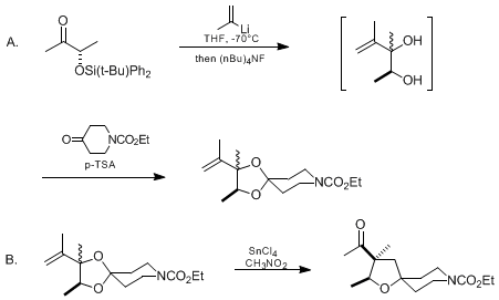 Reaction equation for STEREOCONTROLLED PREPARATION OF 3-ACYLTETRAHYDROFURANS FROM ACID-PROMOTED REARRANGEMENTS OF ALLYLIC KETALS: (2S,3S)-3-ACETYL-8-CARBOETHOXY-2,3-DIMETHYL-1-OXA-8-AZASPIRO[4.5]DECANE