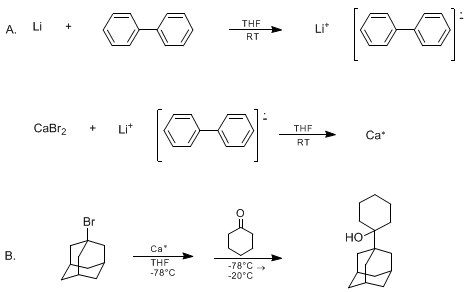 Reaction equation for HIGHLY REACTIVE CALCIUM FOR THE PREPARATION OF ORGANOCALCIUM REAGENTS: 1-ADAMANTYL CALCIUM HALIDES AND THEIR ADDITION TO KETONES: 1-(1-ADAMANTYL)CYCLOHEXANOL (Cyclohexanol, 1-tricyclo[3.3.1.13,7]dec-1-yl)