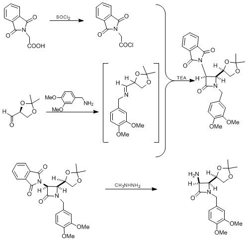 Reaction equation for (3S,4S)-3-AMINO-1-(3,4-DIMETHOXYBENZYL)-4-[(R)-2,2-DIMETHYL-1,3-DIOXOLAN-4-YL]-2-AZETIDINONE (2-Azetidinone, 3-amino-1-[(3,4-dimethoxyphenyl)methyl]-4-(2,2-dimethyl-1,3-dioxolan-4-yl)-, [3S-[3a,4a(S*)]]-)