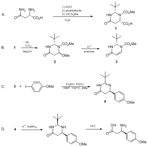 Reaction equation for ENANTIOMERICALLY PURE β-AMINO ACIDS FROM 2-tert-BUTYL-1-CARBOMETHOXY-2,3-DIHYDRO-4(1H)-PYRIMIDINONE: (R)-3-AMINO-3-(p-METHOXYPHENYL)PROPIONIC ACID (1(2H)-Pyrimidinecarboxylic acid, 2-(1,1-dimethylethyl)-3,4-dihydro-4-oxo-, methyl ester, (R)- or (S)-)