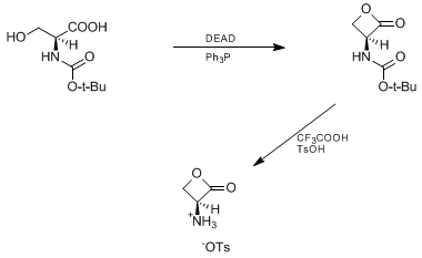 Reaction equation for N-tert-BUTOXYCARBONYL-L-SERINE β-LACTONE AND (S)-3-AMINO-2-OXETANONE p-TOLUENESULFONIC ACID SALT ((Carbamic acid, (2-oxo-3-oxetanyl)- 1,1-dimethylethyl ester, (S)-) and (2-Oxetanone, 3-amino-, (S)-, 4-methylbenzenesulfonate))