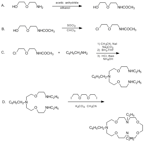 Reaction equation for 4-BENZYL-10,19-DIETHYL-4,10,19-TRIAZA-1,7,13,16-TETRAOXACYCLOHENEICOSANE (TRIAZA-21-CROWN-7)