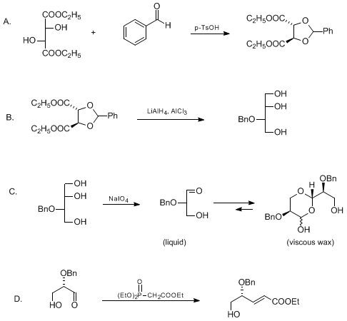 Reaction equation for (−)-2-O-BENZYL-L-GLYCERALDEHYDE AND ETHYL (R,E)-4-O-BENZYL-4,5-DIHYDROXY-2-PENTENOATE (Propanal, 3-hydroxy-2-(phenylmethoxy)-, (R)- and 2-Pentenoic acid, 5-hydroxy-4-(phenylmethoxy)-, ethyl ester, [R-(E)]-)