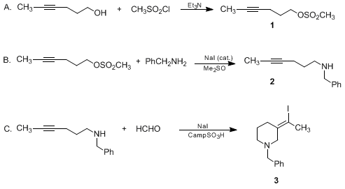 Reaction equation for (E)-1-BENZYL-3-(1-IODOETHYLIDENE)PIPERIDINE: NUCLEOPHILE-PROMOTED ALKYNE-IMINIUM ION CYCLIZATIONS (Piperidine, 3-(iodoethylidene)-1-(phenylmethyl)-(E)-)