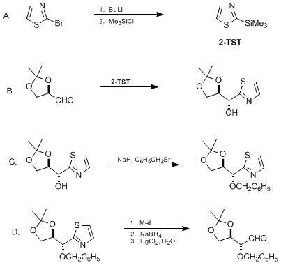 Reaction equation for DIASTEREOSELECTIVE HOMOLOGATION OF D-(R)-GLYCERALDEHYDE ACETONIDE USING 2-(TRIMETHYLSILYL)THIAZOLE: 2-O-BENZYL-3,4-ISOPROPYLIDENE-D-ERYTHROSE (1,3-Dioxolane-4-acetaldehyde, 2,2-dimethyl- α-(phenylmethoxy)-, [R-(R*,R*)]-)
