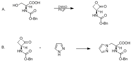 Reaction equation for SYNTHESIS OF N-PROTECTED α-AMINO ACIDS FROM N-(BENZYLOXYCARBONYL)-L-SERINE VIA ITS β-LACTONE: Nα-(BENZYLOXYCARBONYL)-β-(PYRAZOL-1-YL)-L-ALANINE (Serine, N-carboxy-, β-lactone, benzyl ester, L-)