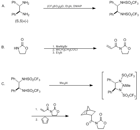 Reaction equation for ENANTIOSELECTIVE, CATALYTIC DIELS-ALDER REACTION: (1S-endo)-3-(BICYCLO[2.2.1]HEPT-5-EN-2-YLCARBONYL)-2-OXAZOLIDINONE (2-Oxazolidinone, 3-bicyclo[2.2.1]hept-5-en-2-ylcarbonyl)-, (1S-endo)-)