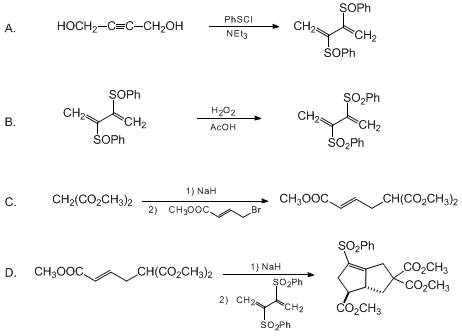 Reaction equation for [3+2]-ANIONIC ELECTROCYCLIZATION USING 2,3-BIS(PHENYLSULFONYL)-1,3-BUTADIENE: trans-4,7,7-TRICARBOMETHOXY-2-PHENYLSULFONYLBICYCLO[3.3.0]OCT-1-ENE (Benzene, 1,1'-[[1,2-bis(methylene)-1,2-ethanediyl]bis(sulfonyl)]bis-)