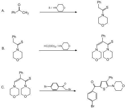 Reaction equation for 3-MORPHOLINO-2-PHENYLTHIOACRYLIC ACID MORPHOLIDE AND 5-(4-BROMOBENZOYL-2-(4-MORPHOLINO)-3-PHENYLTHIOPHENE ((Morpholine, 4-[3-(4-morpholinyl)-2-phenyl-1-thioxo-2-propenyl]-,) and (Thiophene, 5-(4-bromobenzoyl)-2-(4-morpholino)-3-phenyl-))