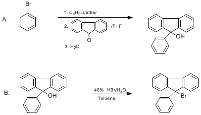 Reaction equation for 9-BROMO-9-PHENYLFLUORENE (9H-Fluorene, 9-bromo-9-phenyl-)