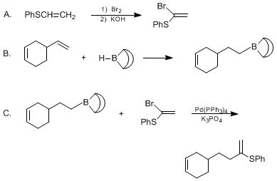 Reaction equation for PALLADIUM(0)-CATALYZED REACTION OF 9-ALKYL-9-BORABICYCLO[3.3.1]NONANE WITH 1-BROMO-1-PHENYLTHIOETHENE: 4-(3-CYCLOHEXENYL)-2-PHENYLTHIO-1-BUTENE