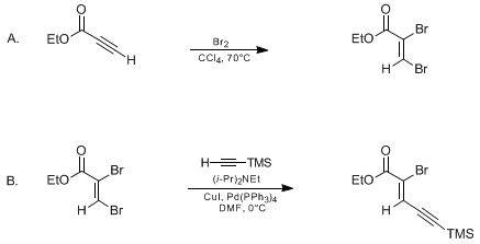 Reaction equation for SYNTHESIS OF FUNCTIONALIZED ENYNES BY PALLADIUM/COPPER-CATALYZED COUPLING REACTIONS OF ACETYLENES WITH (Z)-2,3-DIBROMOPROPENOIC ACID ETHYL ESTER: (Z)-2-BROMO-5-(TRIMETHYLSILYL)-2-PENTEN-4-YNOIC ACID ETHYL ESTER (2-Penten-4-ynoic acid, 2-bromo-5-(trimethylsilyl)-, ethyl ester, (Z)-)