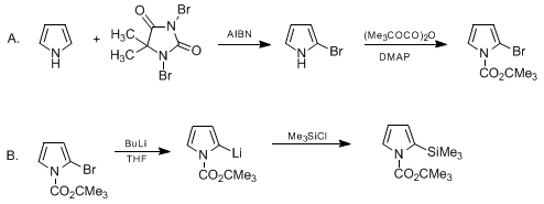 Reaction equation for 2-SUBSTITUTED PYRROLES FROM N-tert-BUTOXYCARBONYL-2-BROMOPYRROLE: N-tert-BUTOXYCARBONYL-2-TRIMETHYLSILYLPYRROLE