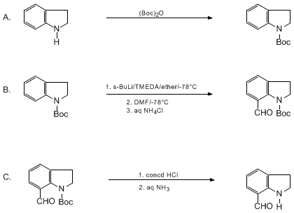 Reaction equation for SYNTHESIS OF 7-SUBSTITUTED INDOLINES via DIRECTED LITHIATION OF 1-(tert-BUTOXYCARBONYL)INDOLINE: 7-INDOLINECARBOXALDEHYDE