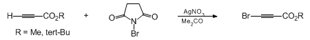 Reaction equation for PREPARATION OF 3-BROMOPROPIOLIC ESTERS:METHYL AND tert-BUTYL 3-BROMOPROPIOLATES (2-Propynoic acid, 3-bromo-, methyl and 1,1-dimethylethyl esters)