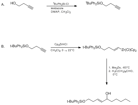 Reaction equation for ALLYLIC ALCOHOLS BY ALKENE TRANSFER FROM ZIRCONIUM TO ZINC: 1-[(tert-BUTYLDIPHENYLSILYL)OXY]-DEC-3-EN-5-OL