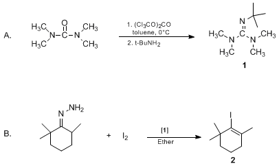 Reaction equation for PREPARATION AND REACTIONS OF 2-tert-BUTYL-1,1,3,3-TETRAMETHYLGUANIDINE: 2,2,6-TRIMETHYLCYCLOHEXEN-1-YL IODIDE