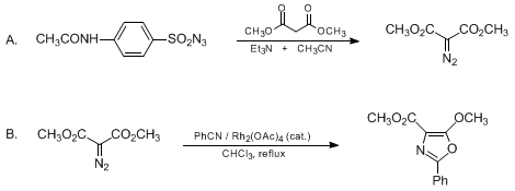 Reaction equation for RHODIUM-CATALYZED HETEROCYCLOADDITION OF A DIAZOMALONATE AND A NITRILE: 4-CARBOMETHOXY-5-METHOXY-2-PHENYL-1,3-OXAZOLE (4-Oxazolecarboxylic acid, 5-methoxy-2-phenyl-, methyl ester)