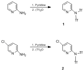 Reaction equation for PYRIDINE-DERIVED TRIFLATING REAGENTS: N-(2-PYRIDYL)-TRIFLIMIDE AND N-(5-CHLORO-2-PYRIDYL)TRIFLIMIDE (Methanesulfonamide, 1,1,1-trifluoro-N-2-pyridinyl-N-[(trifluoromethyl)sulfonyl]-] and Methanesulfonamide, N-(5-chloro-2-pyridinyl)-1,1,1-trifluoro-N-[(trifluoromethyl)sulfonyl]-)