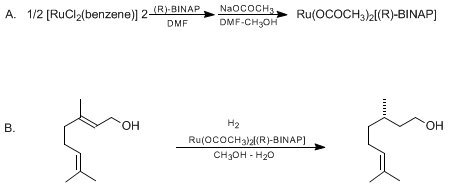 Reaction equation for ASYMMETRIC HYDROGENATION OF ALLYLIC ALCOHOLS USING BINAP-RUTHENIUM COMPLEXES: (S)-(−)-CITRONELLOL (6-Octen-1-ol, 3,7-dimethyl, (S)-)