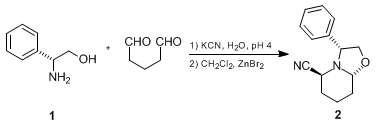Reaction equation for A STABLE CHIRAL 1,4-DIHYDROPYRIDINE EQUIVALENT FOR THE ASYMMETRIC SYNTHESIS OF SUBSTITUTED PIPERIDINES: 2-CYANO-6-PHENYLOXAZOLOPIPERIDINE (5H-Oxazolo[3,2-a]pyridine-5-carbonitrile, hexahydro-3-phenyl-, [3R-(3α,5β,8aβ])