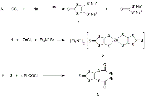 Reaction equation for 4,5-DIBENZOYL-1,3-DITHIOLE-1-THIONE (Benzenecarbothioic acid, S,S'-(2-thioxo-1,3-dithiole-4,5-diyl) ester)