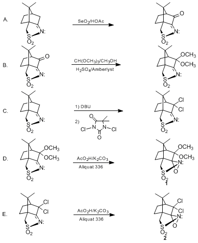 Reaction equation for (+)-(2R,8aR)-[(8,8-DIMETHOXYCAMPHORYL)SULFONYL]OXAZIRIDINE AND (+)-(2R,8aR)-[(8,8-DICHLOROCAMPHORYL)SULFONYL]OXAZIRIDINE ([4H-4a,7-Methanooxazirino[3,2-i][2,1]benzisothiazole, tetrahydro-8,8-dimethoxy-9,9-dimethyl-, 3,3-dioxide], [2R-(2α,4aα,7α,8aR)]- and [4H-4a,7-Methanooxazirino[3,2-i][2,1]benzisothiazole, 8,8-dichlorotetrahydro-9,9-dimethyl-, 3,3-dioxide, [2R-(2α,4aα,7α,8aR)])