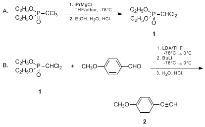 Reaction equation for DIETHYL (DICHLOROMETHYL)PHOSPHONATE. PREPARATION AND USE IN THE SYNTHESIS OF ALKYNES: (4-METHOXYPHENYL)ETHYNE (Phosphonic acid, (dichloromethyl)-, diethyl ester to prepare Benzene, 1-ethylnyl-4-methoxy-)
