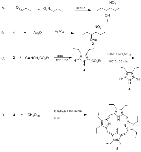 Reaction equation for 3,4-DIETHYLPYRROLE AND 2,3,7,8,12,13,17,18-OCTAETHYLPORPHYRIN (Pyrrole, 3,4-diethyl and 21H,23H-Porphine, 2,3,7,8,12,13,17,18-octaethyl-)