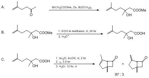 Reaction equation for PREPARATION OF BICYCLO[3.2.0]HEPT-3-EN-6-ONES: 1,4-DIMETHYLBICYCLO[3.2.0]HEPT-3-EN-6-ONE (Bicyclo[3.2.0]hept-3-en-6-one, 1,4-dimethyl-, cis-(±)-)