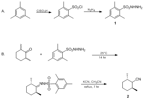 Reaction equation for MESITYLENESULFONYLHYDRAZINE, AND (1α,2α,6β)-2,6-DIMETHYLCYCLOHEXANECARBONITRILE AND (1α,2β,6α)-2,6-DIMETHYLCYCLOHEXANECARBONITRILE AS A RACEMIC MIXTURE (Benzenesulfonic acid, 2,4,6-trimethyl-, hydrazide)