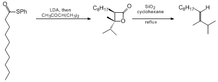 Reaction equation for SYNTHESIS OF β-LACTONES AND ALKENES VIA THIOL ESTERS: (E)-2,3-DIMETHYL-3-DODECENE