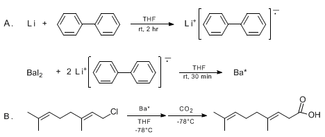 Reaction equation for REGIO- AND STEREOSELECTIVE CARBOXYLATION OF ALLYLIC BARIUM REAGENTS: (E)-4,8-DIMETHYL-3,7-NONADIENOIC ACID (3,7-Nonadienoic acid, 4,8-dimethyl-, (E)-)