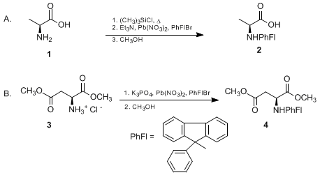 Reaction equation for (S)-N-(9-PHENYLFLUOREN-9-YL)ALANINE AND (S)-DIMETHYL N-(9-PHENYLFLUOREN-9-YL)ASPARTATE (L-Alanine, N-(9-phenyl-9H-fluoren-9-yl)- and L-Aspartic acid, N-(9-phenyl-9H-fluoren-9-yl-, dimethyl ester)