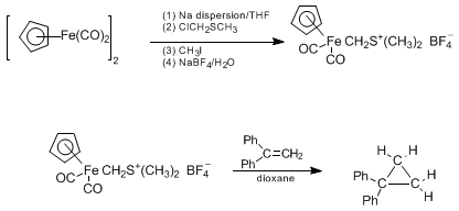 Reaction equation for CYCLOPROPANATION USING AN IRON-CONTAINING METHYLENE TRANSFER REAGENT: 1,1-DIPHENYLCYCLOPROPANE (Iron (1+), dicarbonyl(η5-2,4-cyclopentadien-1-yl)(dimethylsulfonium η-methylide)-, tetrafluoroborate (1-) and Benzene, 1,1'-cyclopropylidenebis-)