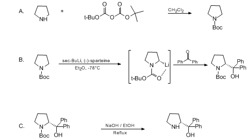 Reaction equation for (R)-(+)-2-(DIPHENYLHYDROXYMETHYL)PYRROLIDINE (2-Pyrrolidinemethanol, α,α-diphenyl-, (R)-)