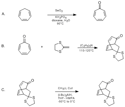 Reaction equation for INVERSE ELECTRON-DEMAND DIELS-ALDER CYCLOADDITION OF A KETENE DITHIOACETAL. COPPER HYDRIDE-PROMOTED REDUCTION OF A CONJUGATED ENONE. 9-DITHIOLANOBICYCLO[3.2.2]NON-6-EN-2-ONE FROM TROPONE